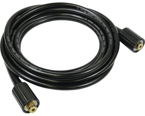 Tuyau haute pression noir pour nettoyeurs haute pression, enroulé, avec raccords en laiton.