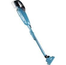 Aspirateur balai sans fil Makita avec tube de rallonge, suceur de sol et batterie.