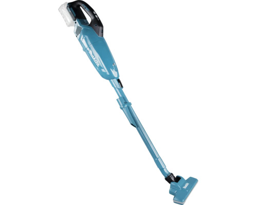 Aspirateur balai sans fil Makita avec tube de rallonge, suceur de sol et batterie.