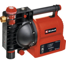 Pompe d'arrosage automatique Einhell avec boîtier rouge, poignée de transport, préfiltre intégré et panneau de commande.