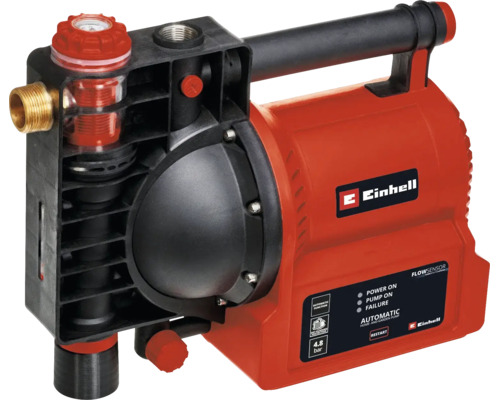 Pompe d'arrosage automatique Einhell avec boîtier rouge, poignée de transport, préfiltre intégré et panneau de commande. Pompe d'arrosage automatique Einhell avec boîtier rouge, poignée de transport, préfiltre intégré et panneau de commande.
