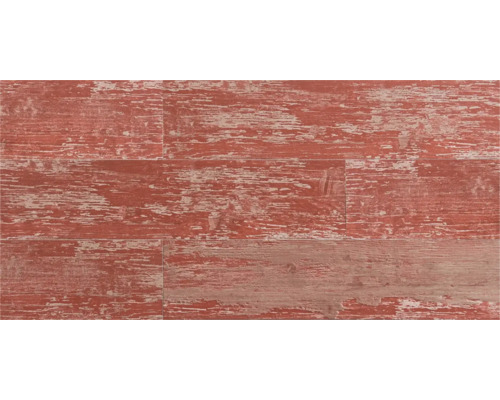 Carrelage en grès cérame aspect bois de style vintage vieilli avec peinture rouge écaillée