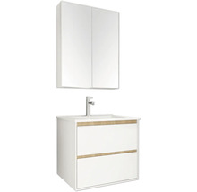 Ensemble de meuble de salle de bain blanc avec armoire de toilette, meuble sous-vasque à deux tiroirs, vasque et mitigeur.