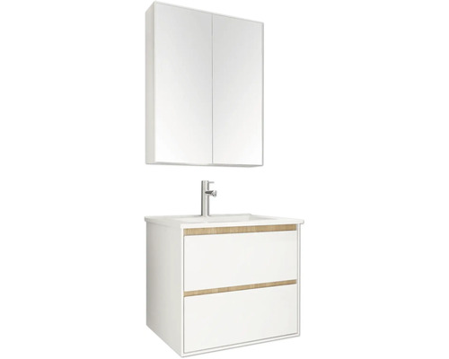 Ensemble de meuble de salle de bain blanc avec armoire de toilette, meuble sous-vasque à deux tiroirs, vasque et mitigeur.