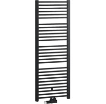 Radiateur de salle de bain noir avec tubes horizontaux et raccordement central inférieur.