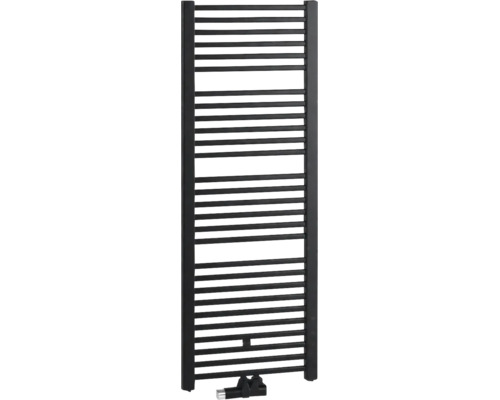 Radiateur de salle de bain noir avec tubes horizontaux et raccordement central inférieur.
