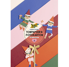 Folia Tonpapier und Fotokarton Weihnachten, 20 Blatt im Format A4, 130 und 300 Gramm pro Quadratmeter, mit Bastelbeispielen von Weihnachtselfen.
