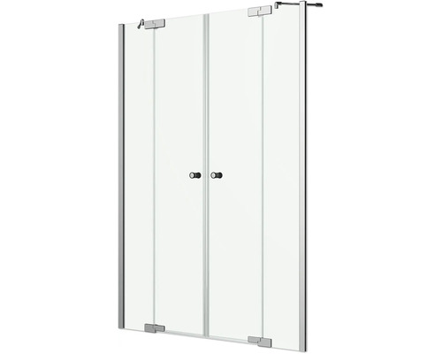Porte de douche en verre avec double porte battante, parois fixes, charnières et poignées boutons.