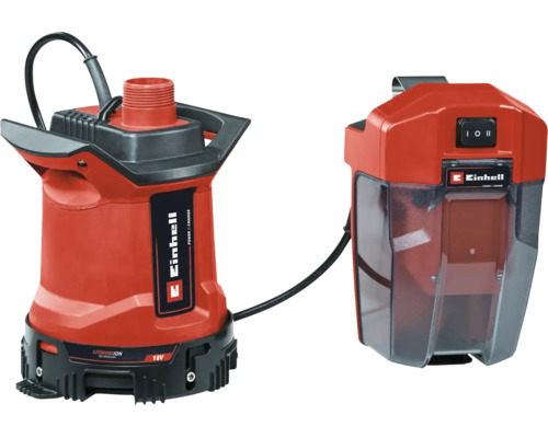 Pompe à eau claire sans fil Einhell 18 volts avec boîtier de batterie séparé et câble de liaison.