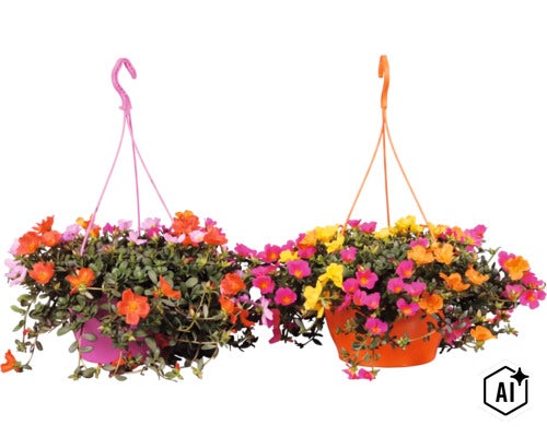 Deux suspensions de pourpier à grandes fleurs (Portulaca) de différentes couleurs. (Image AI modified or generated)