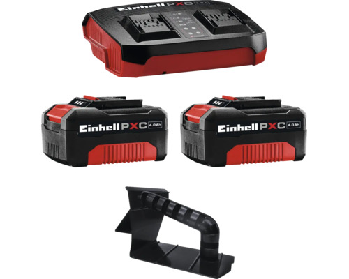 Kit de démarrage Einhell Power X-Change avec deux batteries de 4.0 ampères-heures, un chargeur et un support mural