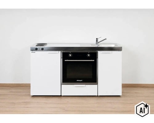 Mini-cuisine Stengel avec plan de travail en inox, deux plaques de cuisson, évier avec mitigeur et four intégré. (Image AI modified or generated)
