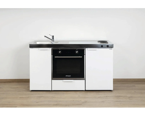 Mini-cuisine Stengel blanche avec four, évier en acier inoxydable, robinet et deux plaques de cuisson.