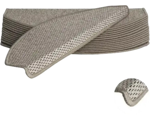 Pile de marchettes d'escalier tissées avec surface structurée et bord surjeté, avec vue détaillée de la structure du bord