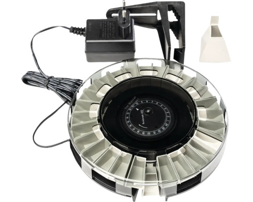 Distributeur automatique de nourriture Grässlin Rondomatic 400 pour aquarium avec adaptateur secteur, support et accessoires.