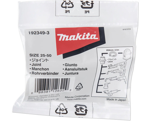 Emballage de raccord de tuyau Makita avec informations sur le produit et code-barres