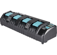 Makita Logo, Makita Vierfach Schnellladegerät für Lithium Ionen Akkus mit vier Ladeschächten.