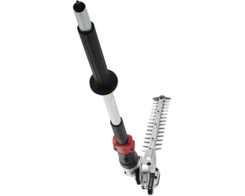 Taille haie télescopique avec long manche et tête de coupe réglable pour l'entretien du jardin.