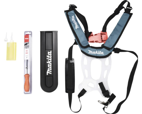 Ensemble de sangle de transport Makita comprenant un protège-guide, une lime et un flacon d'huile.