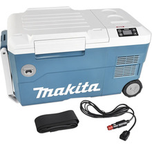 Glacière et réchauffeur sans fil Makita avec écran intégré, roues, sangle de transport et câble de raccordement pour allume-cigare.