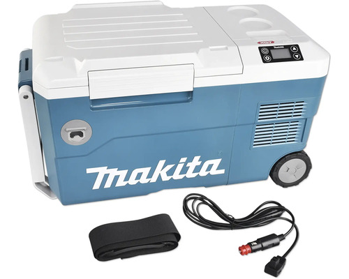 Glacière et réchauffeur sans fil Makita avec écran intégré, roues, sangle de transport et câble de raccordement pour allume-cigare.
