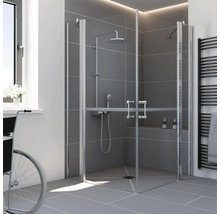 Douche d angle accessible avec portes pliantes, système de douche avec douchette, receveur de douche plain pied et carrelage gris.