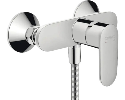 Mitigeur de douche monocommande avec surface brillante, montage mural et flexible de douche raccordé