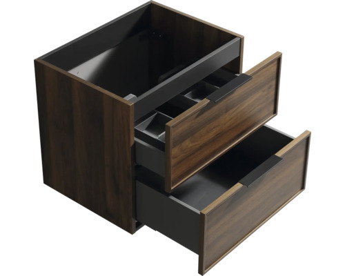 Meuble sous vasque avec deux tiroirs imitation bois et poignées foncées