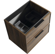 Meuble sous vasque en bois avec deux tiroirs et boîtes de rangement intégrées vu du dessus.