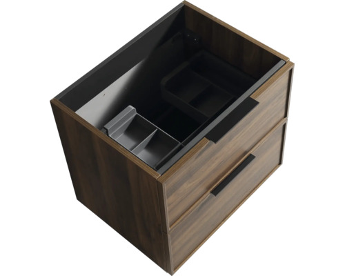 Meuble sous vasque en bois avec deux tiroirs et boîtes de rangement intégrées vu du dessus.