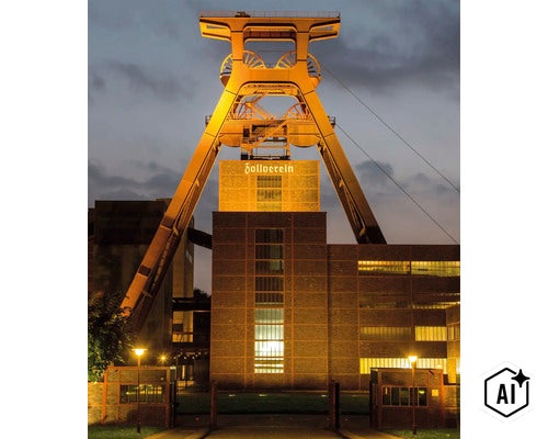 Chevalement de la mine de charbon de Zollverein à Essen illuminé au crépuscule, avec l'inscription Zollverein éclairée. (Image AI modified or generated)