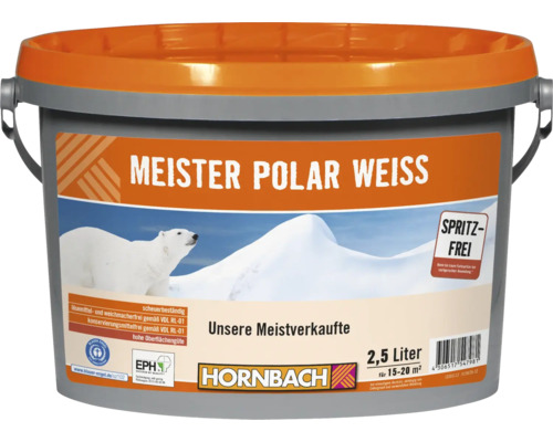 Kunststoffeimer Meister Polar Weiss Innenfarbe 2,5 Liter von Hornbach mit Blauer Engel Zertifizierung und Spritzfrei Eigenschaft