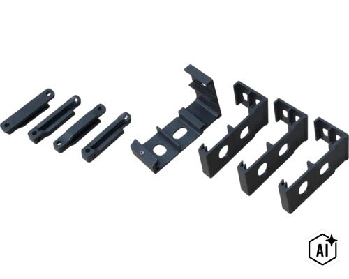 Set aus vier Metallhalterungen und vier passenden Klemmplatten für die Montage (Image AI modified or generated)