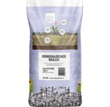 Sac de paillis minéral en calcaire gris avec une granulométrie de 8 à 16 millimètres et un poids de 25 kilogrammes.
