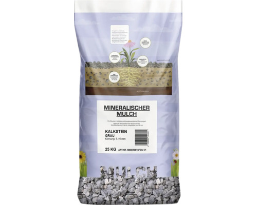 Sack mit mineralischem Mulch aus Kalkstein in Grau mit einer Körnung von 8 bis 16 Millimeter und einem Gewicht von 25 Kilogramm.