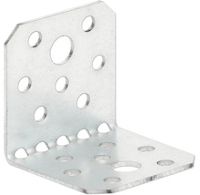 Équerre de charpente en acier avec perforations pour assemblage de bois.