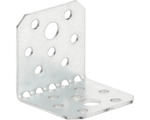 Équerre de charpente en acier avec perforations pour assemblage de bois.