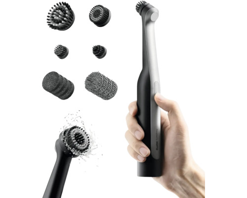 Brosse de nettoyage électrique Hoto tenue en main avec divers embouts de brosse pour le nettoyage de surfaces.