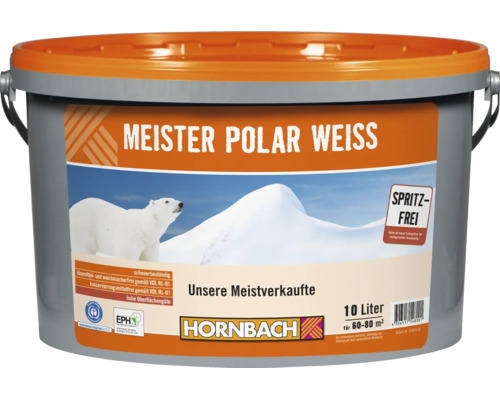 Eimer Meister Polar Weiss Innenwandfarbe 10 Liter für 60 bis 80 Quadratmeter mit Hornbach Logo