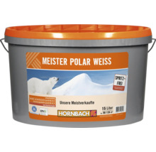 Eimer mit Meister Polar Weiss Wandfarbe 15 Liter von Hornbach für 90 bis 120 Quadratmeter spritzfrei
