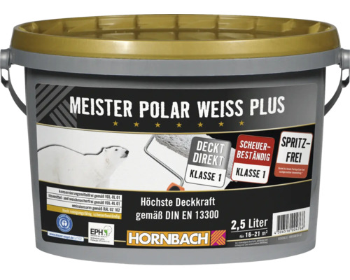HORNBACH Meister Polar Weiss Plus Innenfarbe 2,5 Liter Eimer für hohe Deckkraft, emissionsarm und scheuerbeständig.