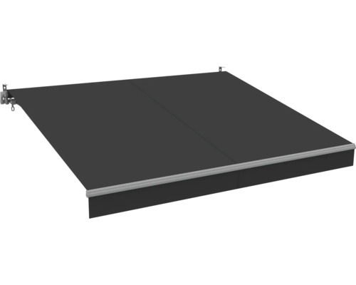 Store banne à bras articulés déployé avec matériel de montage et profil de chute métallique pour protection solaire murale ou au plafond