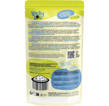 Dos d'un emballage de nourriture pour chats Lucky Lou avec informations produit, ingrédients, recommandations alimentaires et code-barres.