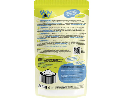 Dos d'un emballage de nourriture pour chats Lucky Lou avec informations produit, ingrédients, recommandations alimentaires et code-barres.