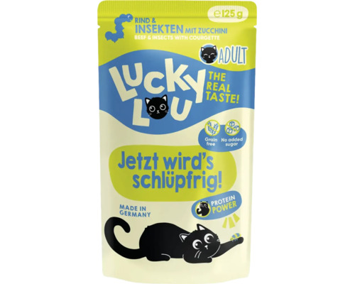 Aliment pour chat Lucky Lou boeuf et insectes avec courgette 125 grammes sachet sans céréales sans sucre ajouté