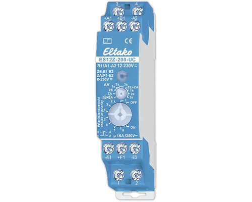 Telerupteur Eltako ES12Z-200-UC pour montage sur rail DIN 12 a 230 volts avec deux boutons rotatifs pour le reglage du temps et de la priorite