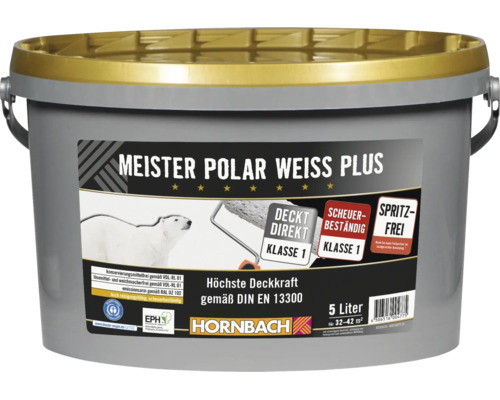 Eimer Meister Polar Weiss Plus Innenfarbe 5 Liter für hohe Deckkraft, emissionsarm und scheuerbeständig.