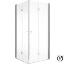 Cabine de douche d'angle avec portes battantes en verre et profilés métalliques (Image AI modified or generated)