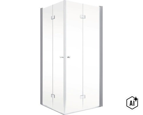 Cabine de douche d'angle avec portes battantes en verre et profilés métalliques (Image AI modified or generated)