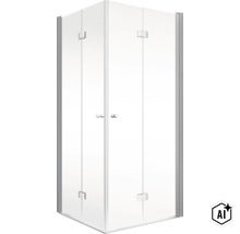 Cabine de douche d angle avec portes battantes en verre et profilés métalliques (Image AI modified or generated)